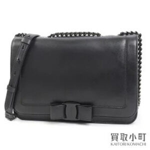 Salvatore Ferragamo Vara Ribbon Flap Shoulder Bag Black Calf Leather Chain
